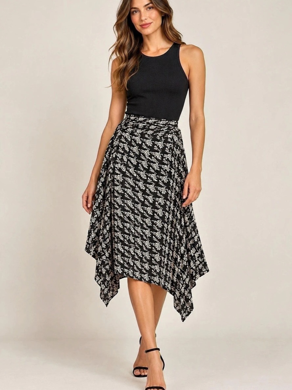 ZARA Printed Asymmetric Midi Skirt Black & Cream Medium